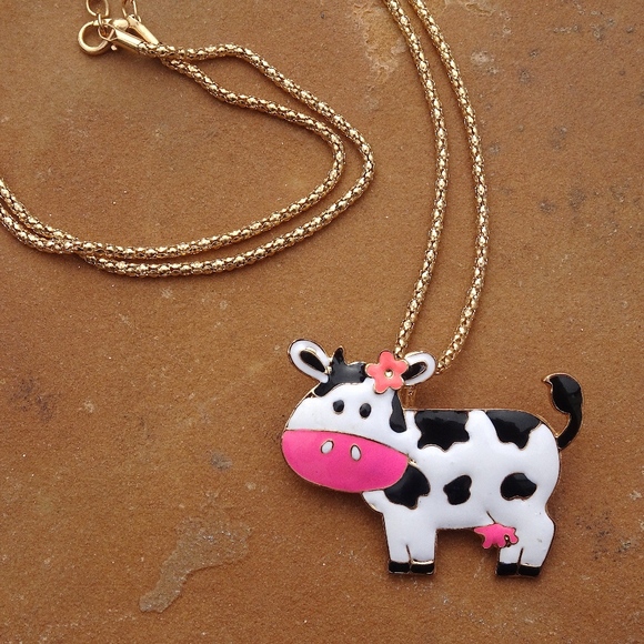Country Kawaii Enamel Cow Pin Pendant Vegan Statement Necklace / Brooch - Picture 3 of 8